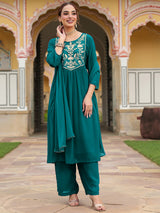 Women's Teal Green Georgette Embroidered A-line Kurta With Palazzo Dupatta Set