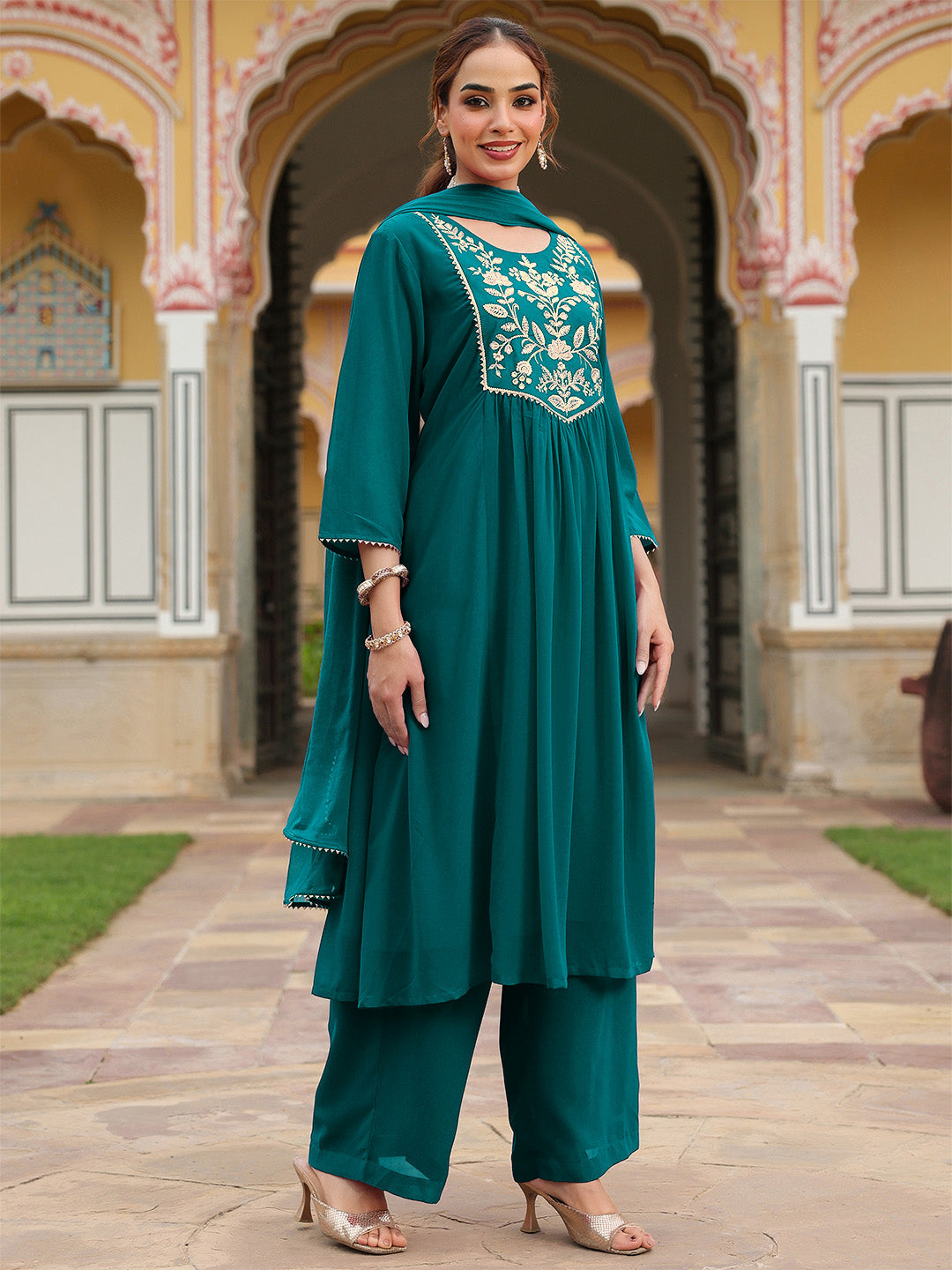 Women's Teal Green Georgette Embroidered A-line Kurta With Palazzo Dupatta Set