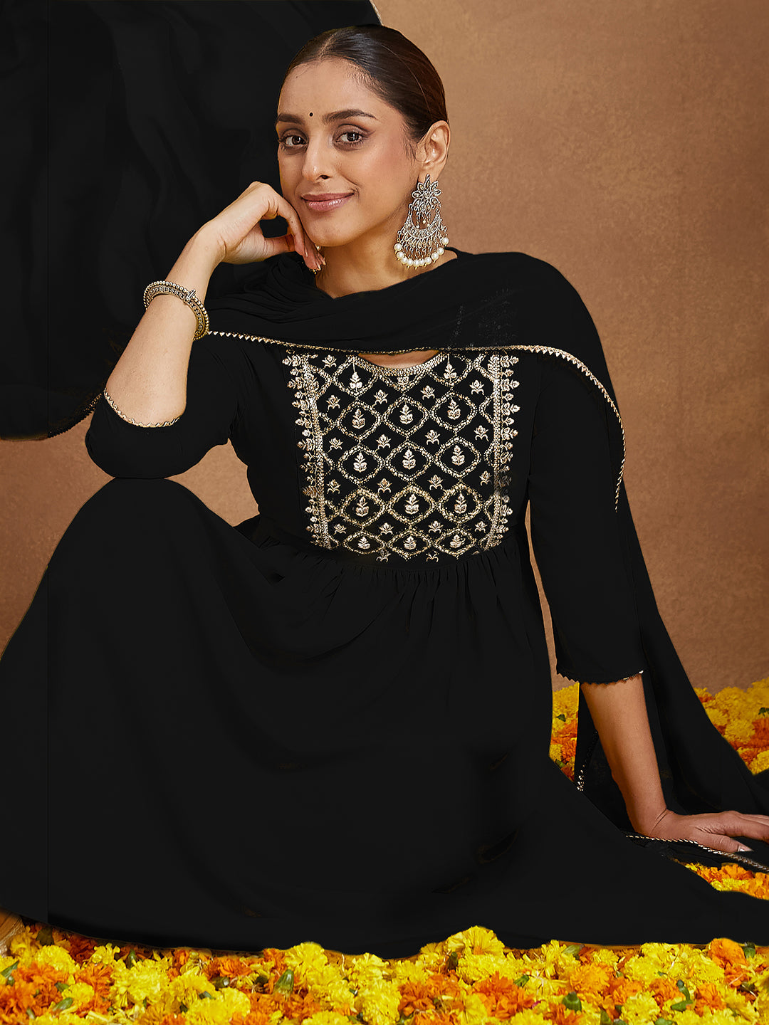 Women's Black Georgette Zari Yoke Embroidered A-line Kurta With Palazzo & Dupatta Set