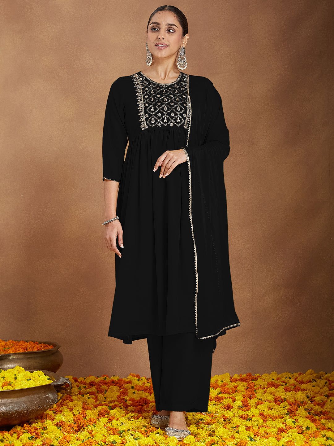 Women's Black Georgette Zari Yoke Embroidered A-line Kurta With Palazzo & Dupatta Set
