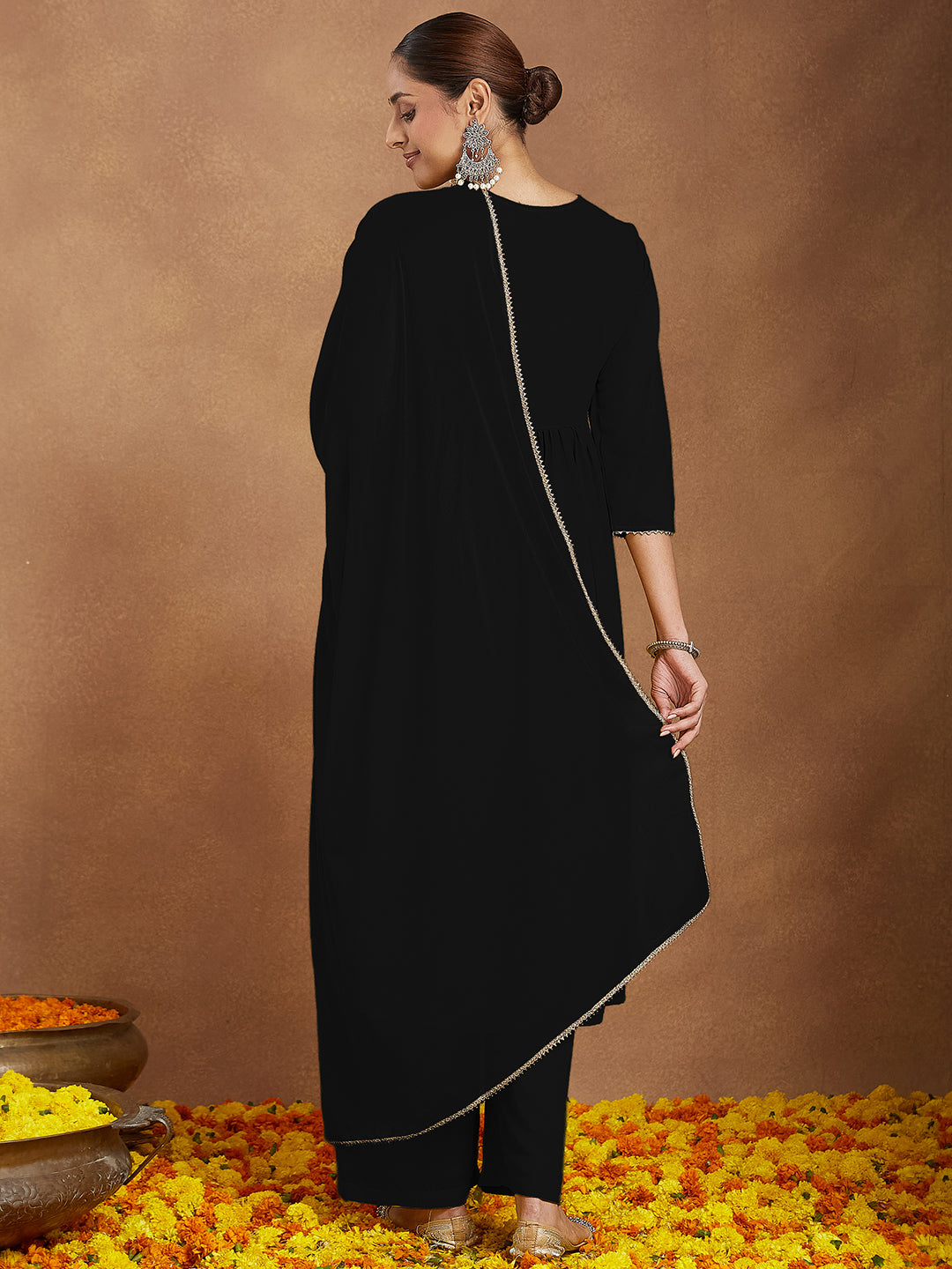 Women's Black Georgette Zari Yoke Embroidered A-line Kurta With Palazzo & Dupatta Set