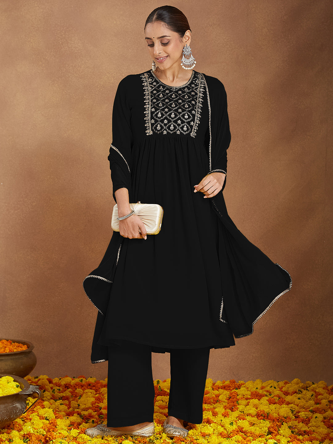 Women's Black Georgette Zari Yoke Embroidered A-line Kurta With Palazzo & Dupatta Set
