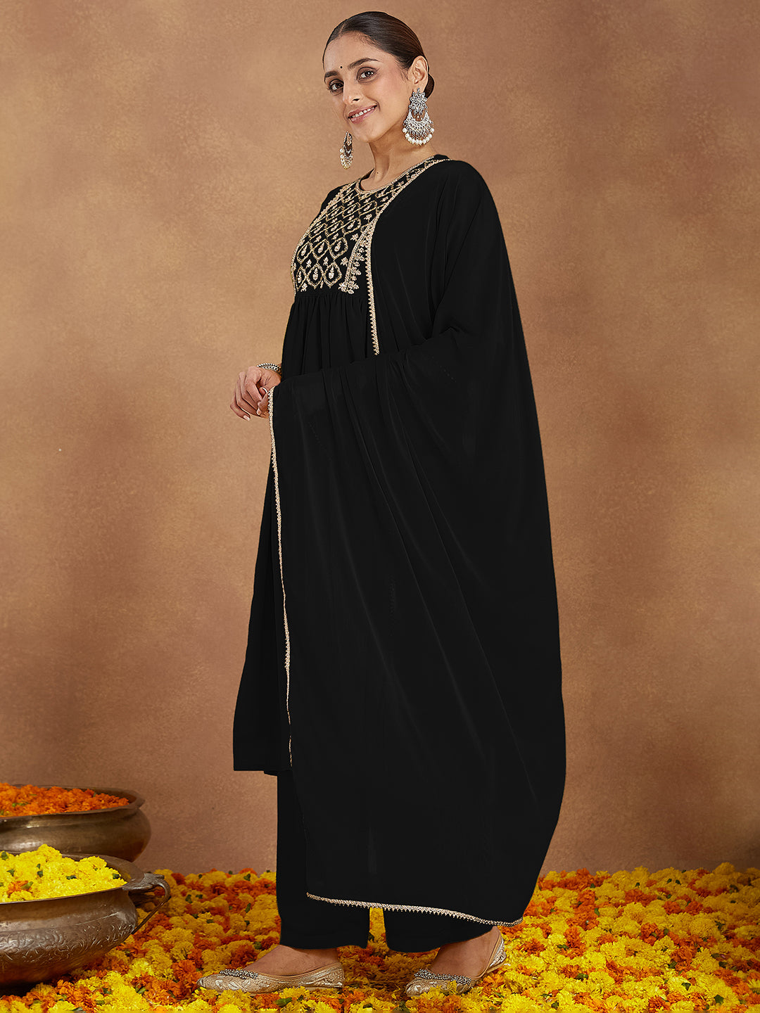Women's Black Georgette Zari Yoke Embroidered A-line Kurta With Palazzo & Dupatta Set
