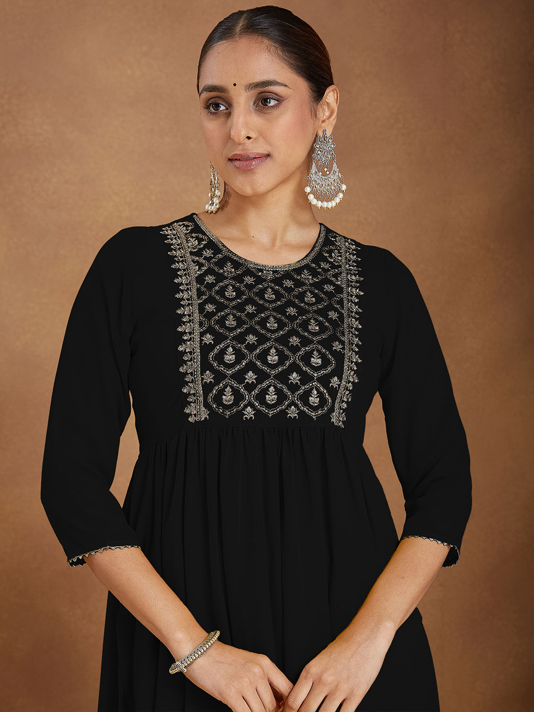 Women's Black Georgette Zari Yoke Embroidered A-line Kurta With Palazzo & Dupatta Set