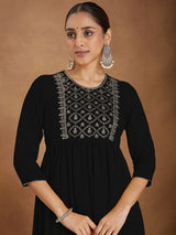 Women's Black Georgette Zari Yoke Embroidered A-line Kurta With Palazzo & Dupatta Set