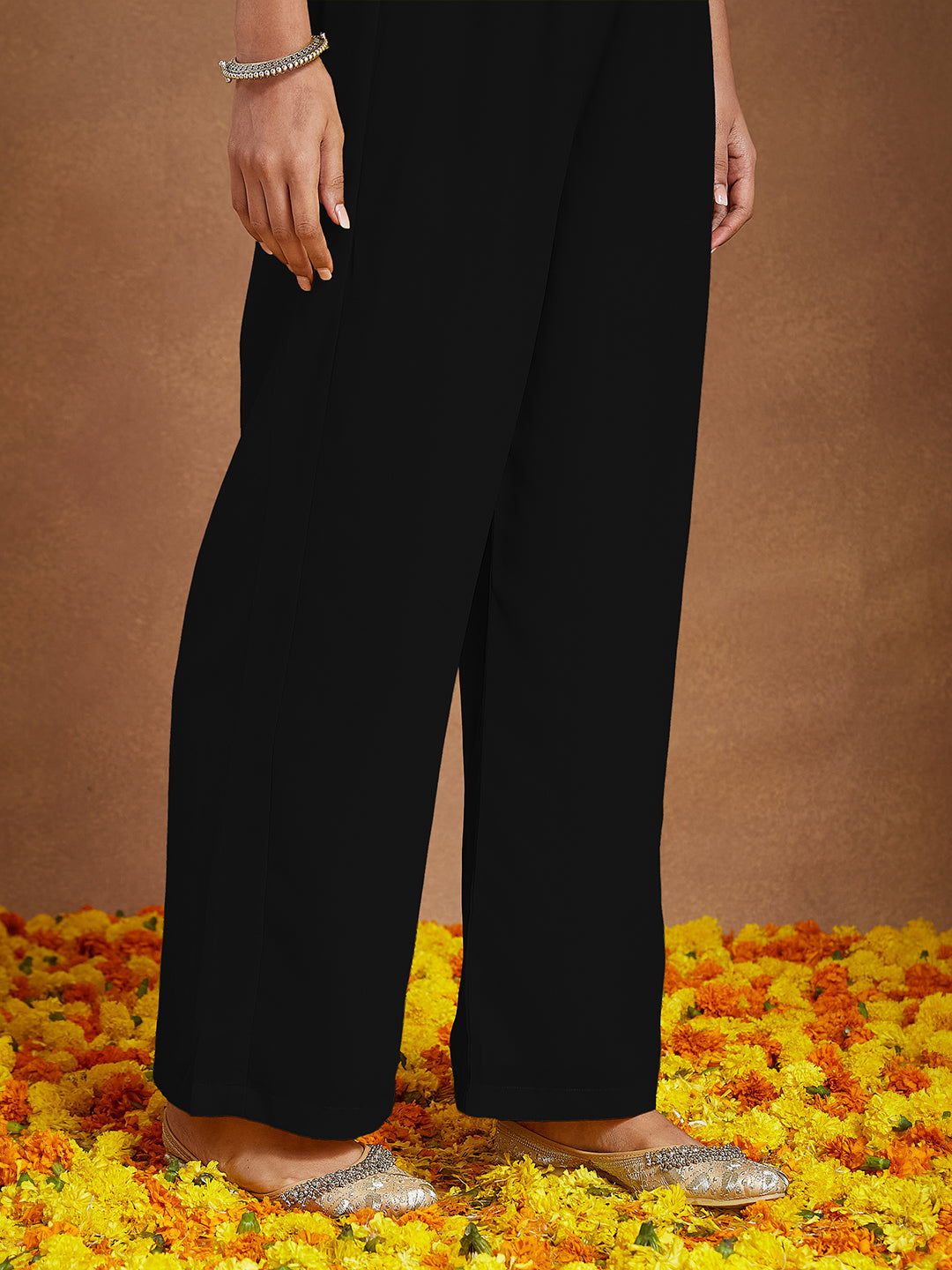 Women's Black Georgette Zari Yoke Embroidered A-line Kurta With Palazzo & Dupatta Set