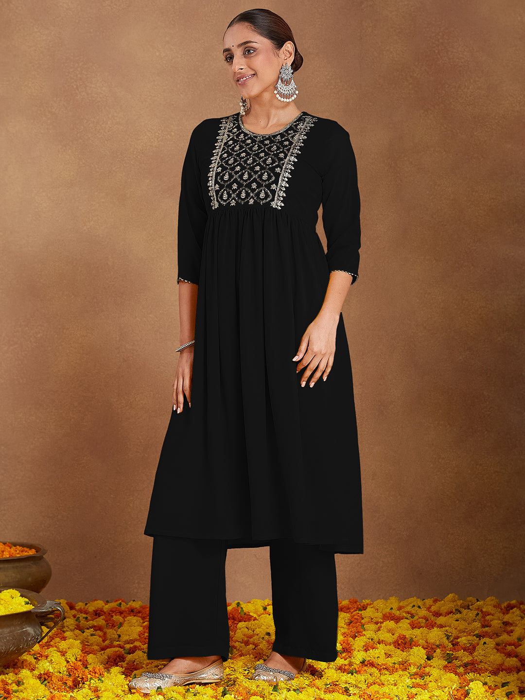 Women's Black Georgette Zari Yoke Embroidered A-line Kurta With Palazzo & Dupatta Set
