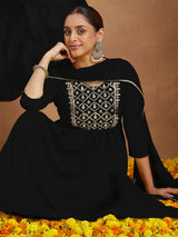 Women's Black Georgette Zari Yoke Embroidered A-line Kurta With Palazzo & Dupatta Set