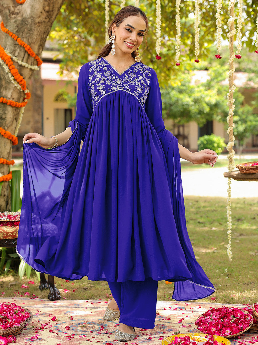 Women's Royal Blue Georgette Zari Yoke Embroidered A-line Kurta With Palazzo & Dupatta Set