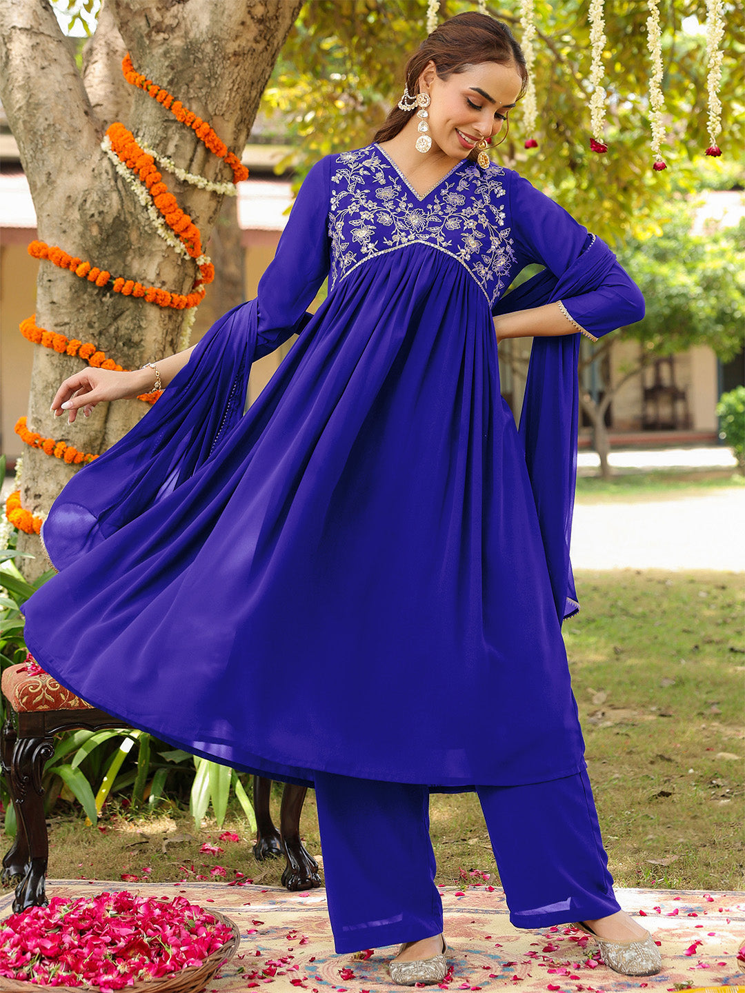 Women's Royal Blue Georgette Zari Yoke Embroidered A-line Kurta With Palazzo & Dupatta Set