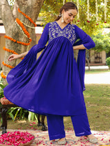 Women's Royal Blue Georgette Zari Yoke Embroidered A-line Kurta With Palazzo & Dupatta Set