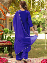 Women's Royal Blue Georgette Zari Yoke Embroidered A-line Kurta With Palazzo & Dupatta Set