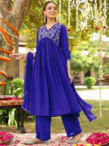 Women's Royal Blue Georgette Zari Yoke Embroidered A-line Kurta With Palazzo & Dupatta Set