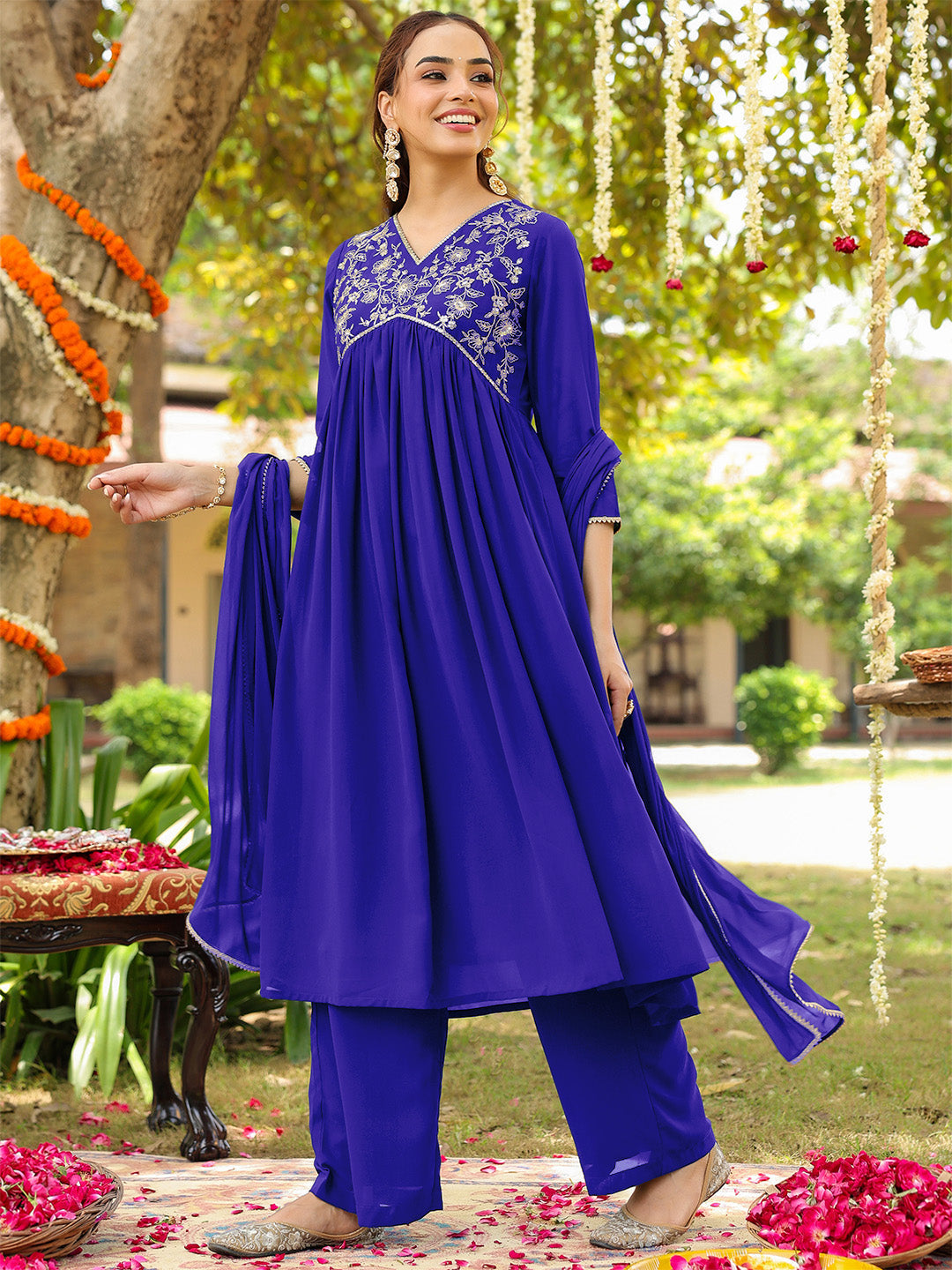 Women's Royal Blue Georgette Zari Yoke Embroidered A-line Kurta With Palazzo & Dupatta Set