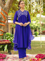Women's Royal Blue Georgette Zari Yoke Embroidered A-line Kurta With Palazzo & Dupatta Set