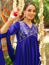 Women's Royal Blue Georgette Zari Yoke Embroidered A-line Kurta With Palazzo & Dupatta Set