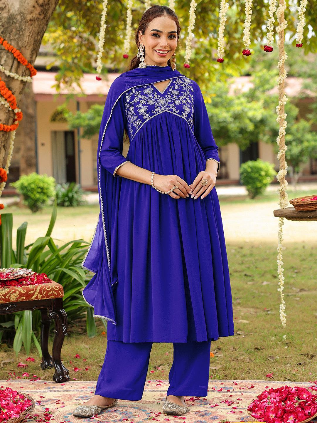 Women's Royal Blue Georgette Zari Yoke Embroidered A-line Kurta With Palazzo & Dupatta Set