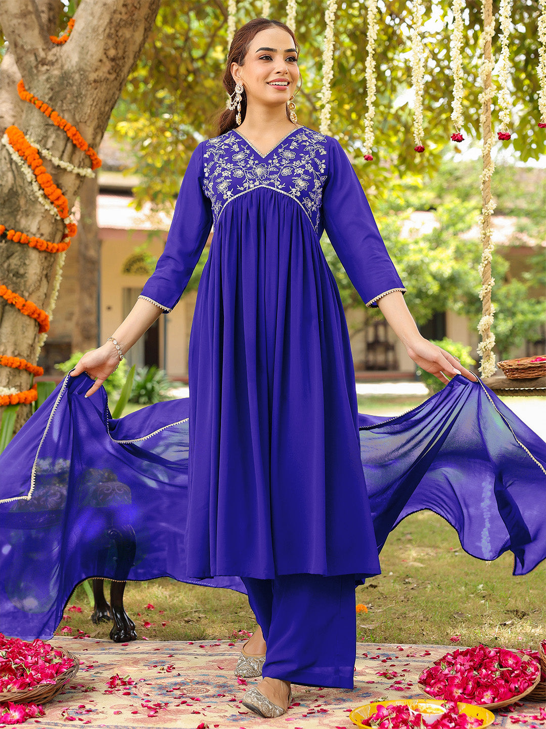 Women's Royal Blue Georgette Zari Yoke Embroidered A-line Kurta With Palazzo & Dupatta Set
