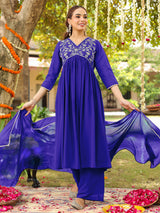 Women's Royal Blue Georgette Zari Yoke Embroidered A-line Kurta With Palazzo & Dupatta Set