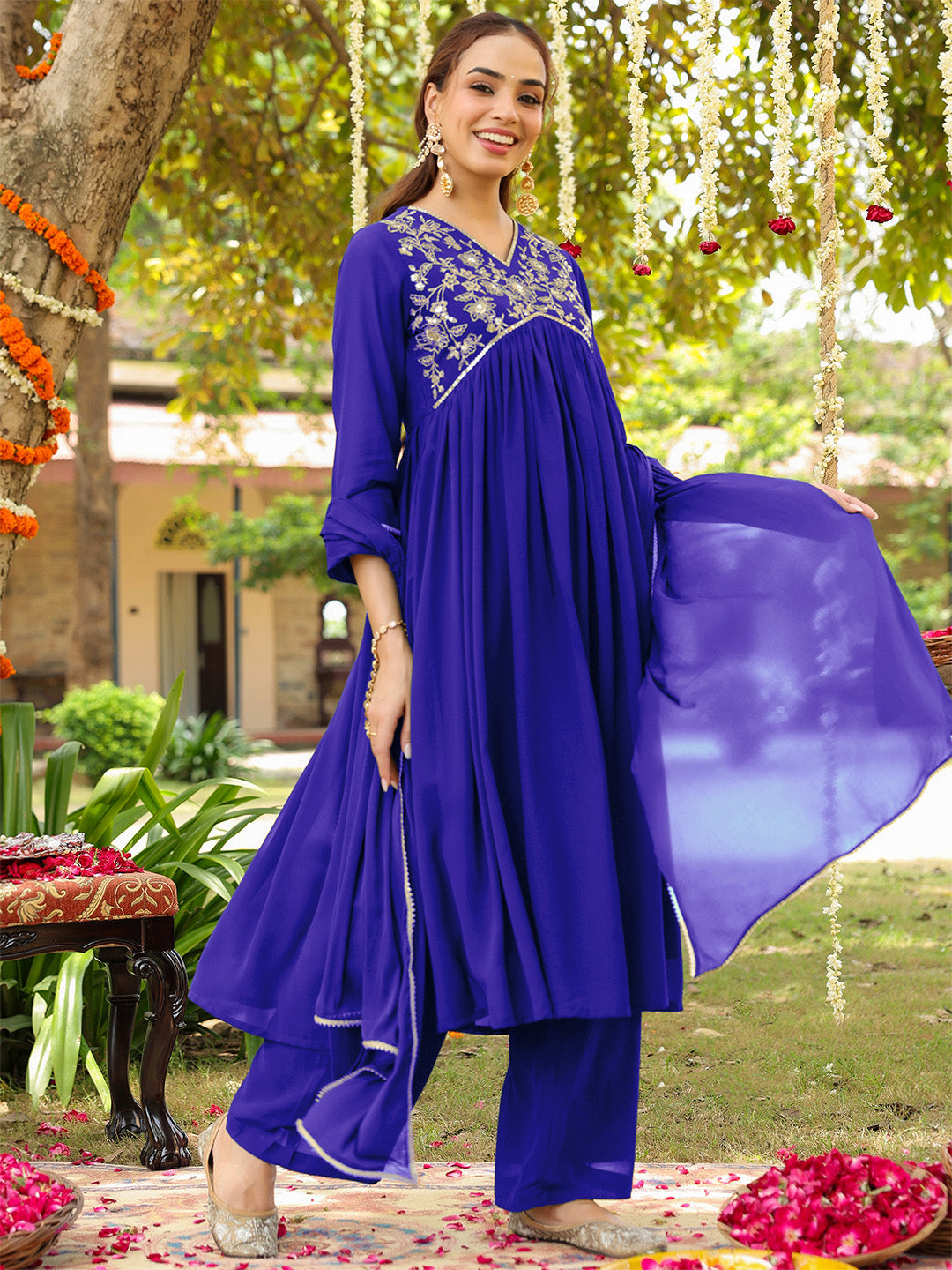 Women's Royal Blue Georgette Zari Yoke Embroidered A-line Kurta With Palazzo & Dupatta Set