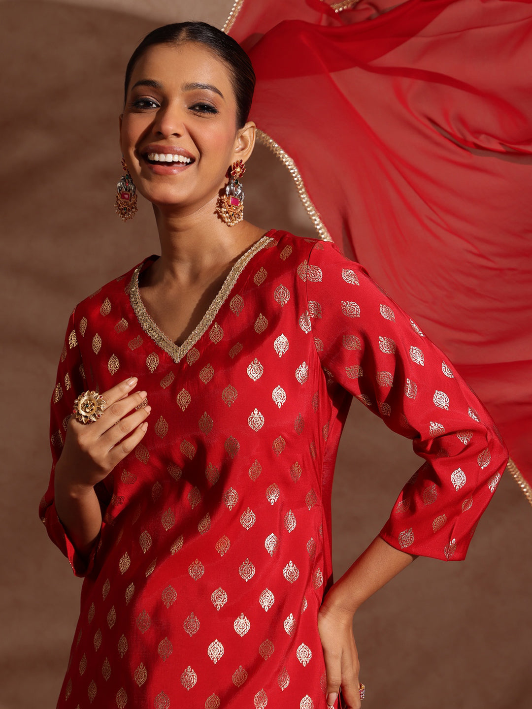 Women's Maroon Chanderi Silk Embellished Gold Printed Kurta With Sharara & Dupatta Set