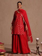 Women's Maroon Chanderi Silk Embellished Gold Printed Kurta With Sharara & Dupatta Set