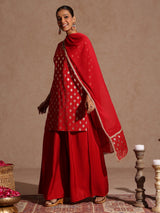 Women's Maroon Chanderi Silk Embellished Gold Printed Kurta With Sharara & Dupatta Set