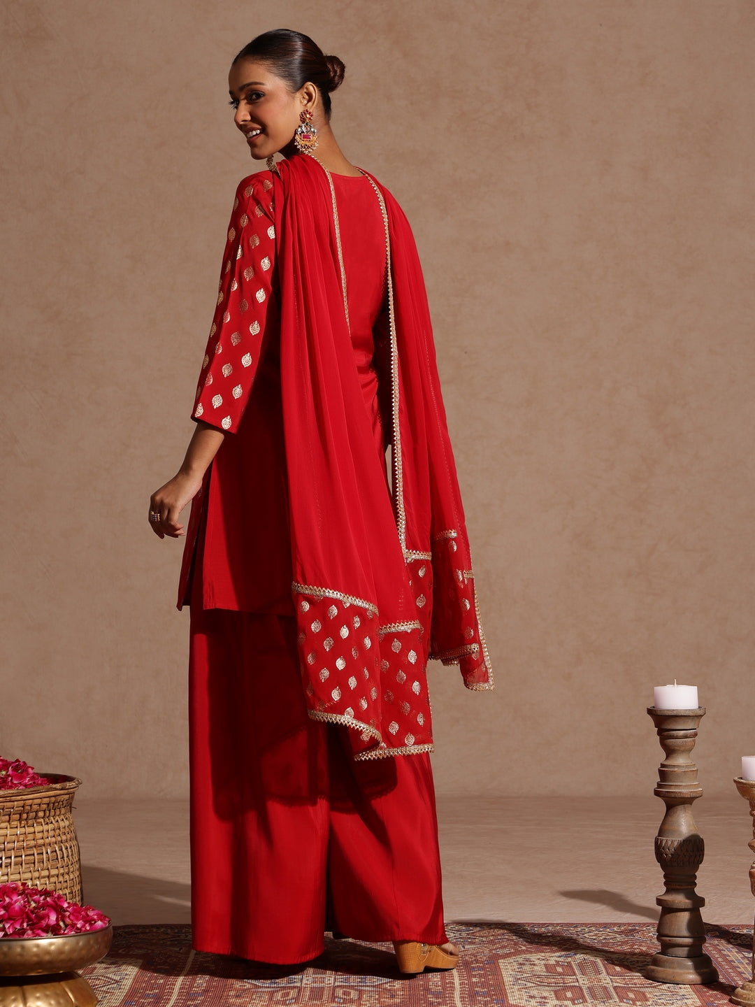 Women's Maroon Chanderi Silk Embellished Gold Printed Kurta With Sharara & Dupatta Set