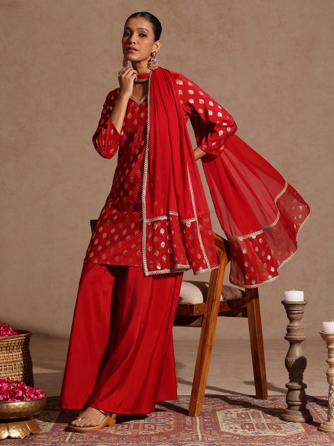 Women's Maroon Chanderi Silk Embellished Gold Printed Kurta With Sharara & Dupatta Set