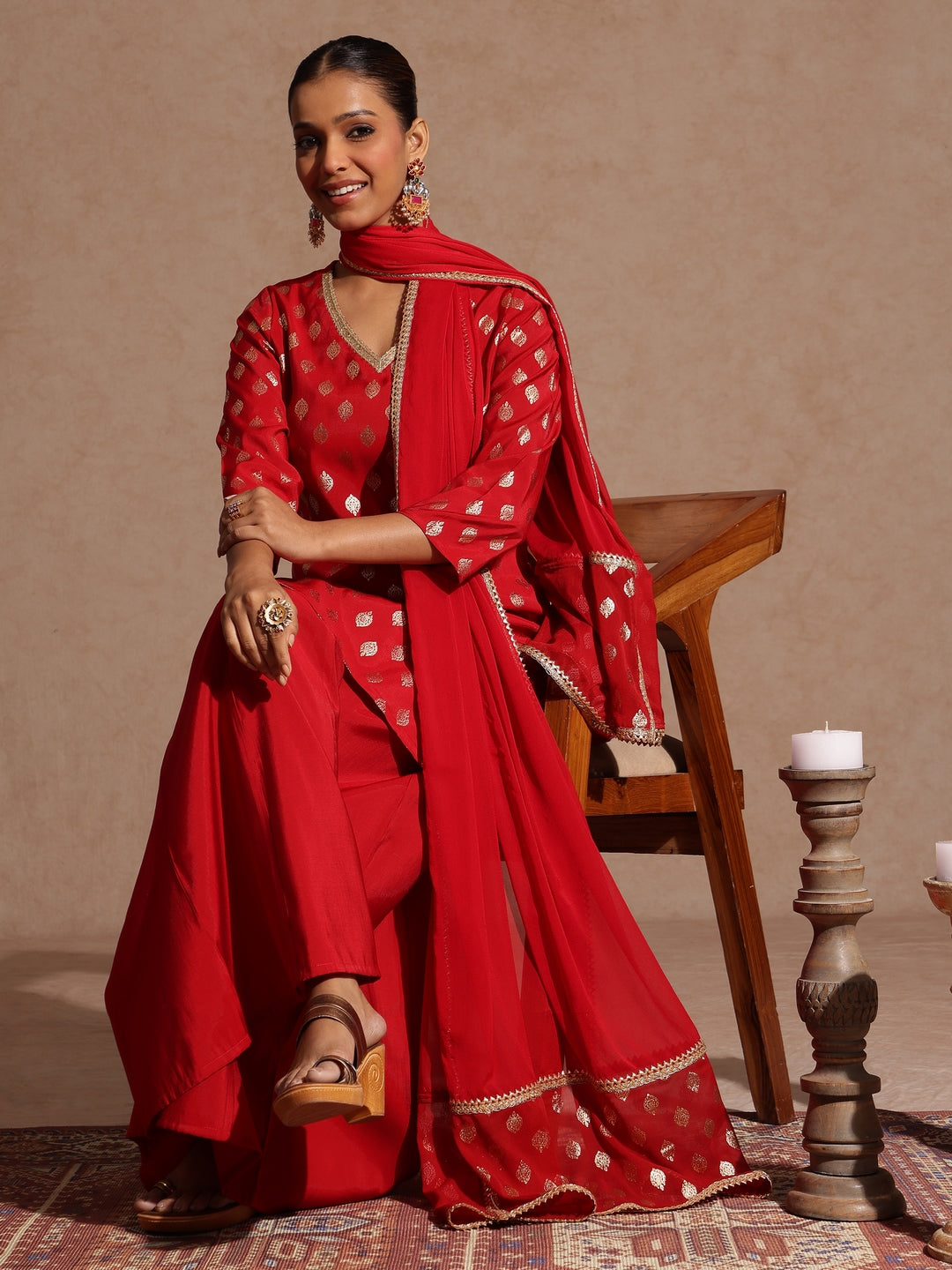 Women's Maroon Chanderi Silk Embellished Gold Printed Kurta With Sharara & Dupatta Set