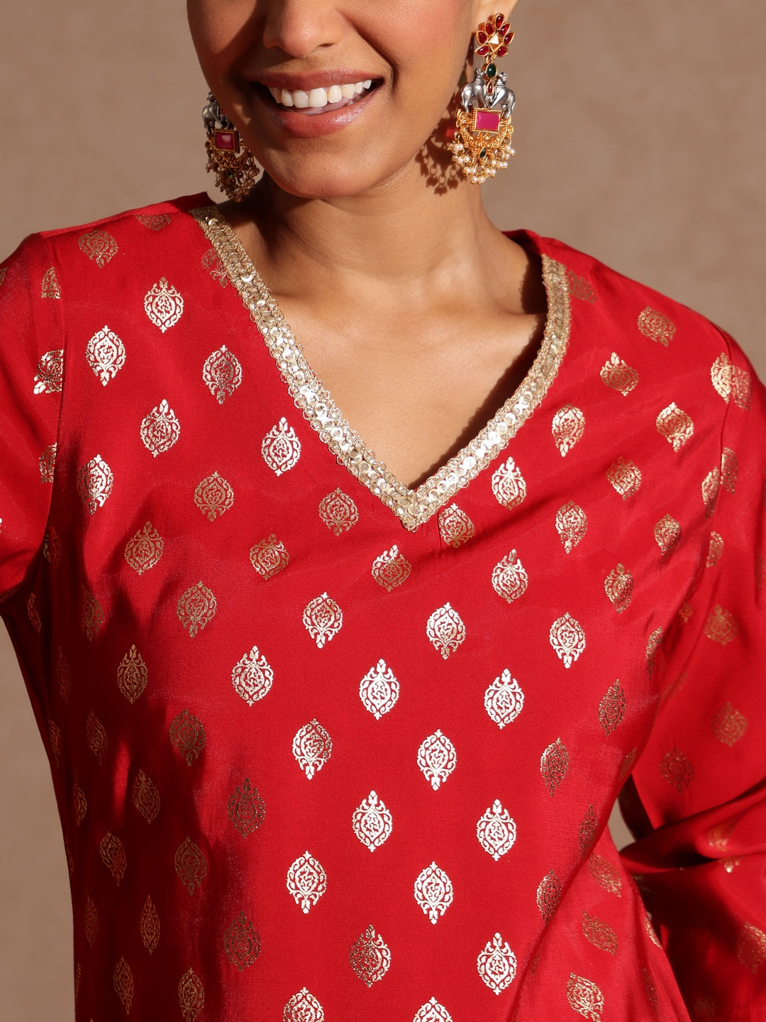 Women's Maroon Chanderi Silk Embellished Gold Printed Kurta With Sharara & Dupatta Set