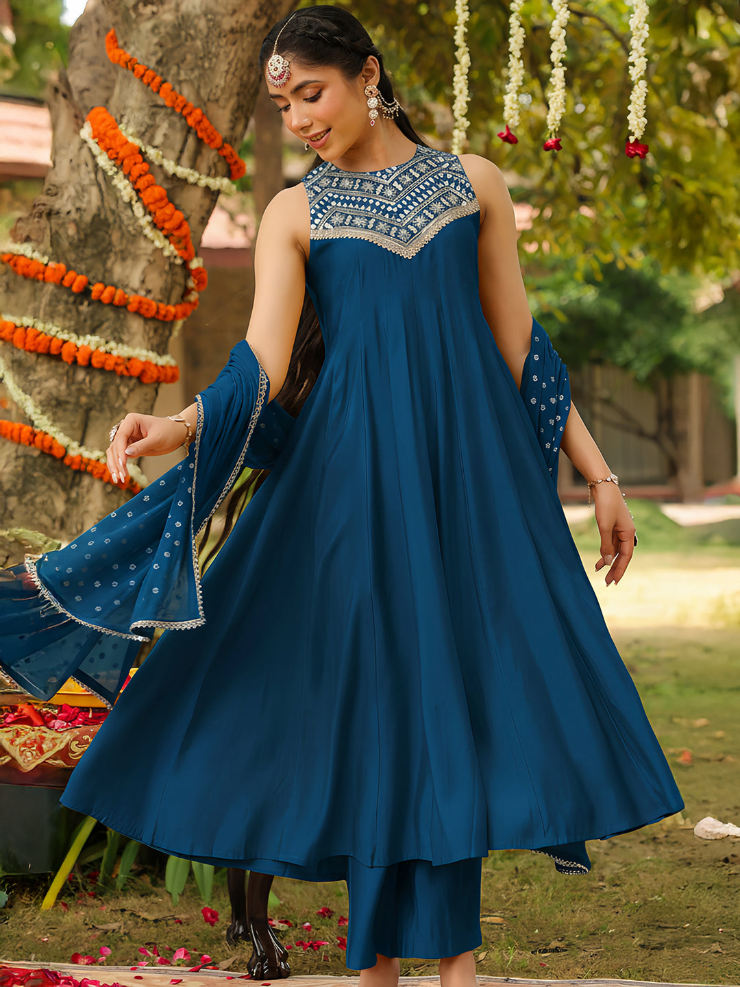 Women Teal Blue Chanderi Silk Embellished Anarkali Kurta Set With Dupatta