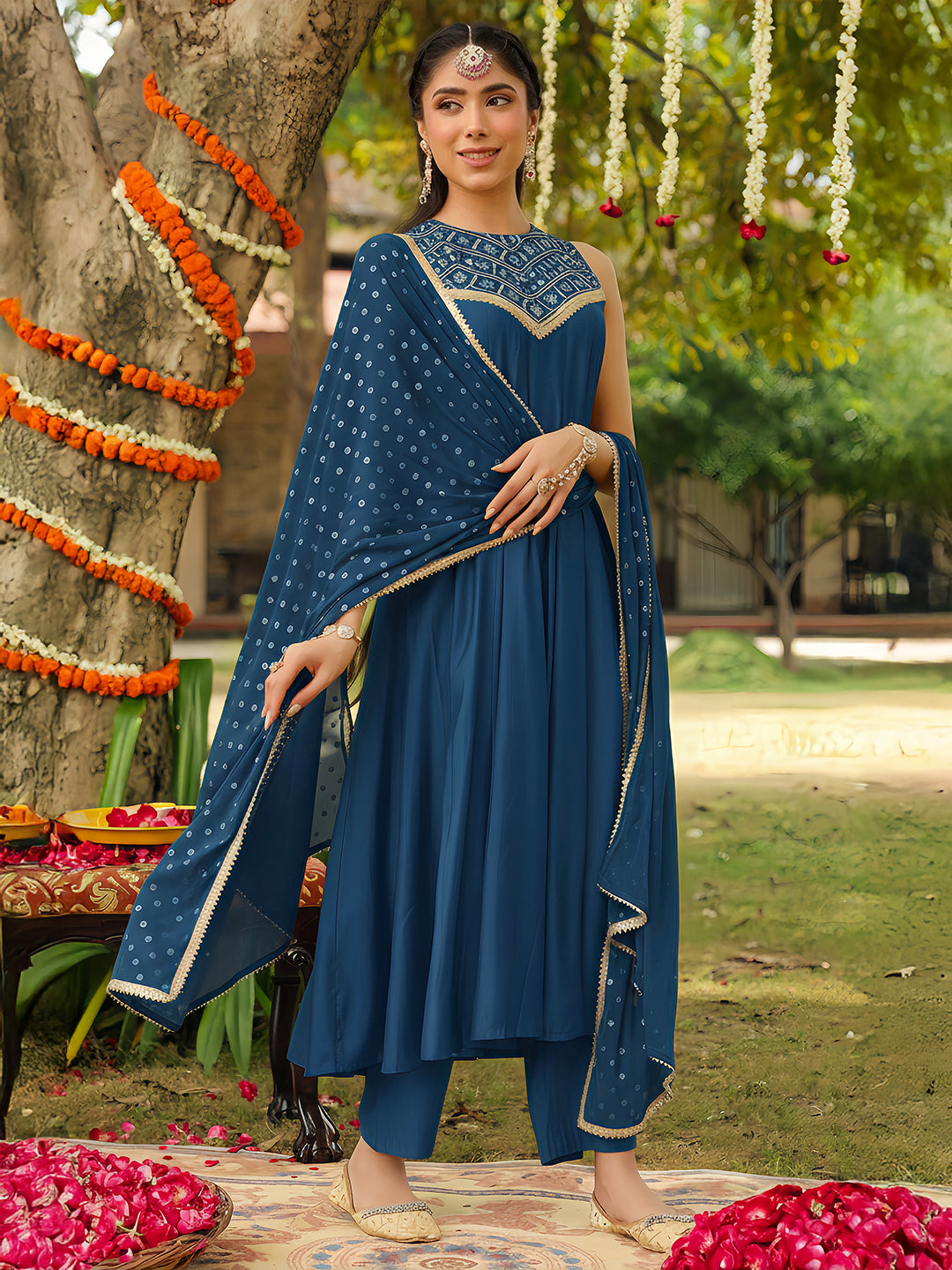 Women Teal Blue Chanderi Silk Embellished Anarkali Kurta Set With Dupatta