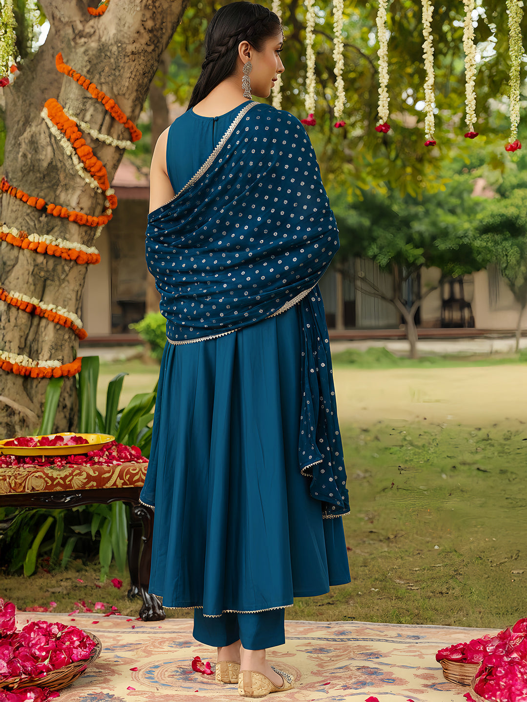 Women Teal Blue Chanderi Silk Embellished Anarkali Kurta Set With Dupatta