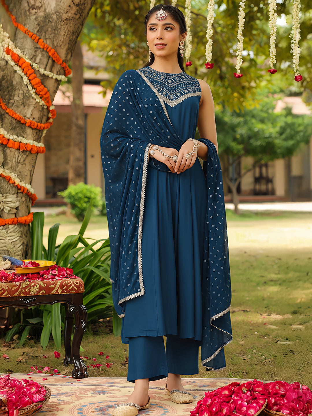 Women Teal Blue Chanderi Silk Embellished Anarkali Kurta Set With Dupatta
