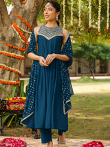 Women Teal Blue Chanderi Silk Embellished Anarkali Kurta Set With Dupatta