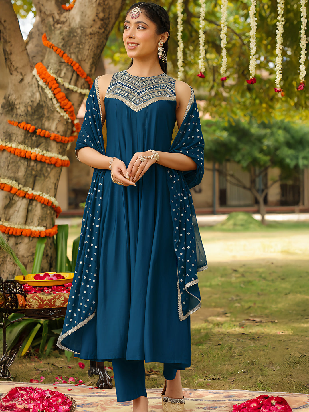 Women Teal Blue Chanderi Silk Embellished Anarkali Kurta Set With Dupatta