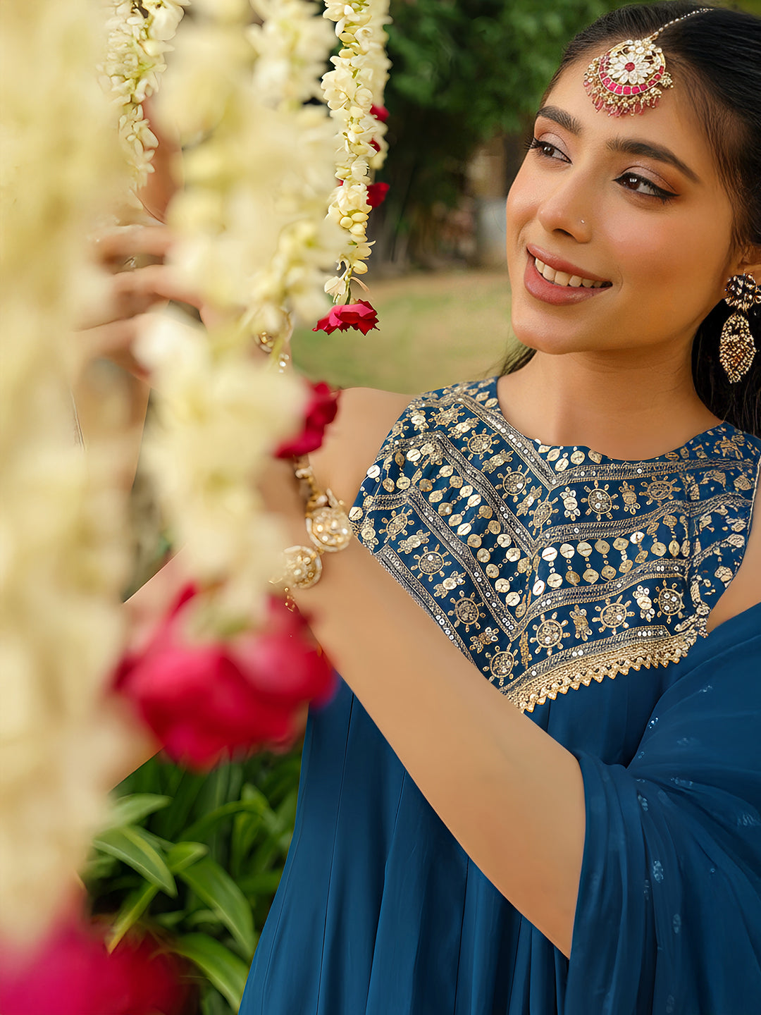 Women Teal Blue Chanderi Silk Embellished Anarkali Kurta Set With Dupatta