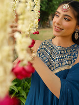 Women Teal Blue Chanderi Silk Embellished Anarkali Kurta Set With Dupatta