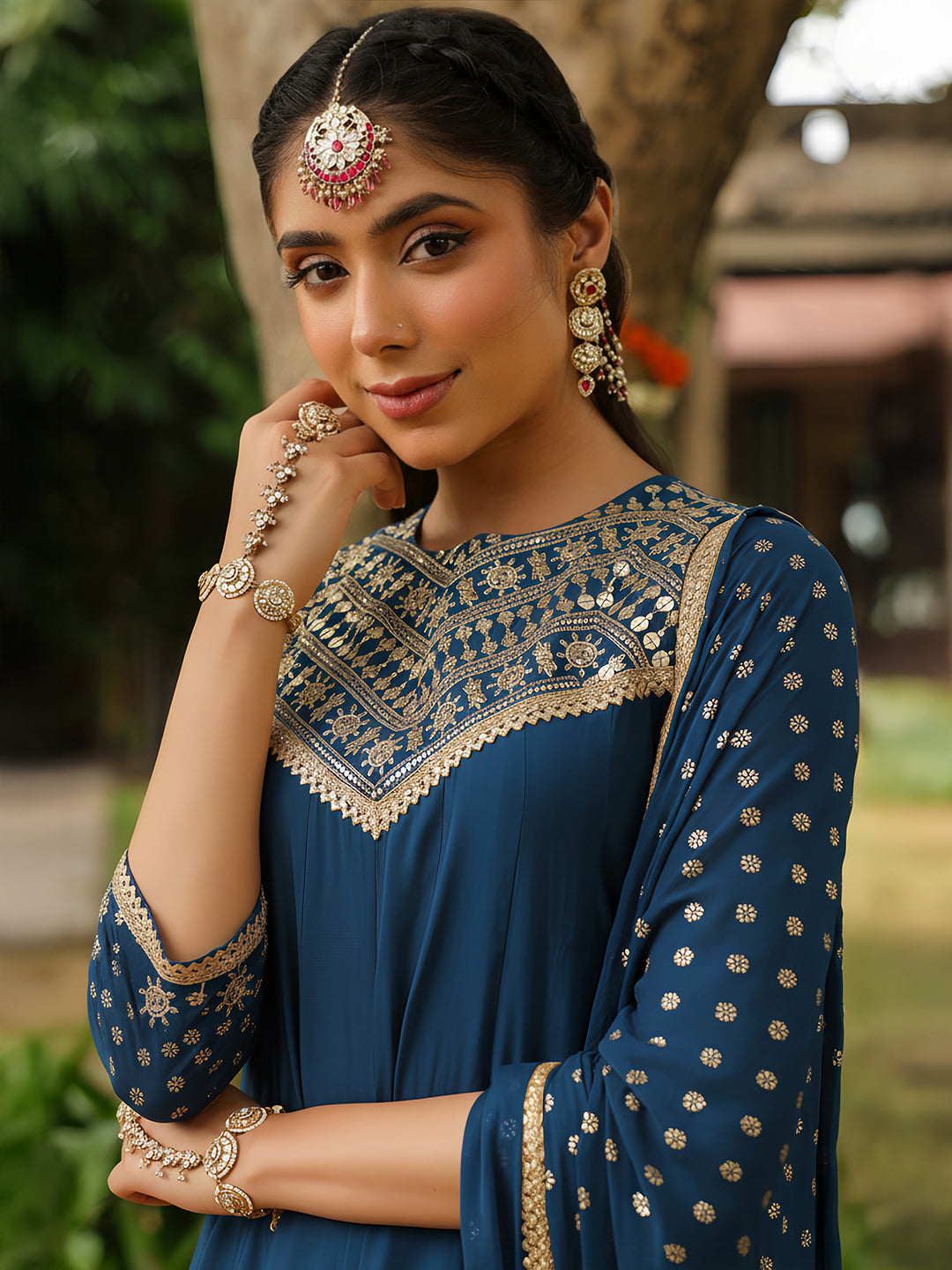 Women Teal Blue Chanderi Silk Embellished Anarkali Kurta Set With Dupatta