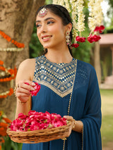 Women Teal Blue Chanderi Silk Embellished Anarkali Kurta Set With Dupatta