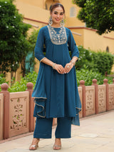 Women's Teal Georgette Zari Yoke Embroidered Anarkali Kurta Set With Dupatta