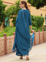Women's Teal Georgette Zari Yoke Embroidered Anarkali Kurta Set With Dupatta