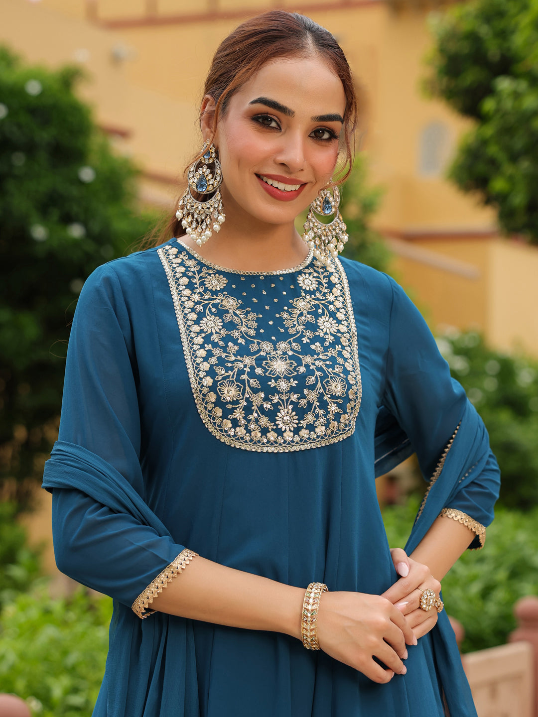 Women's Teal Georgette Zari Yoke Embroidered Anarkali Kurta Set With Dupatta