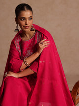 Women's Pink Silk Blend Zari Yoke Embroidered Straight Kurta Set