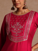 Women's Pink Silk Blend Zari Yoke Embroidered Straight Kurta Set