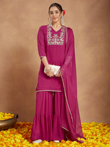 Women's Pink Georgette Embroidered Straight Kurta With Sharara & Dupatta Set