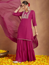 Women's Pink Georgette Embroidered Straight Kurta With Sharara & Dupatta Set