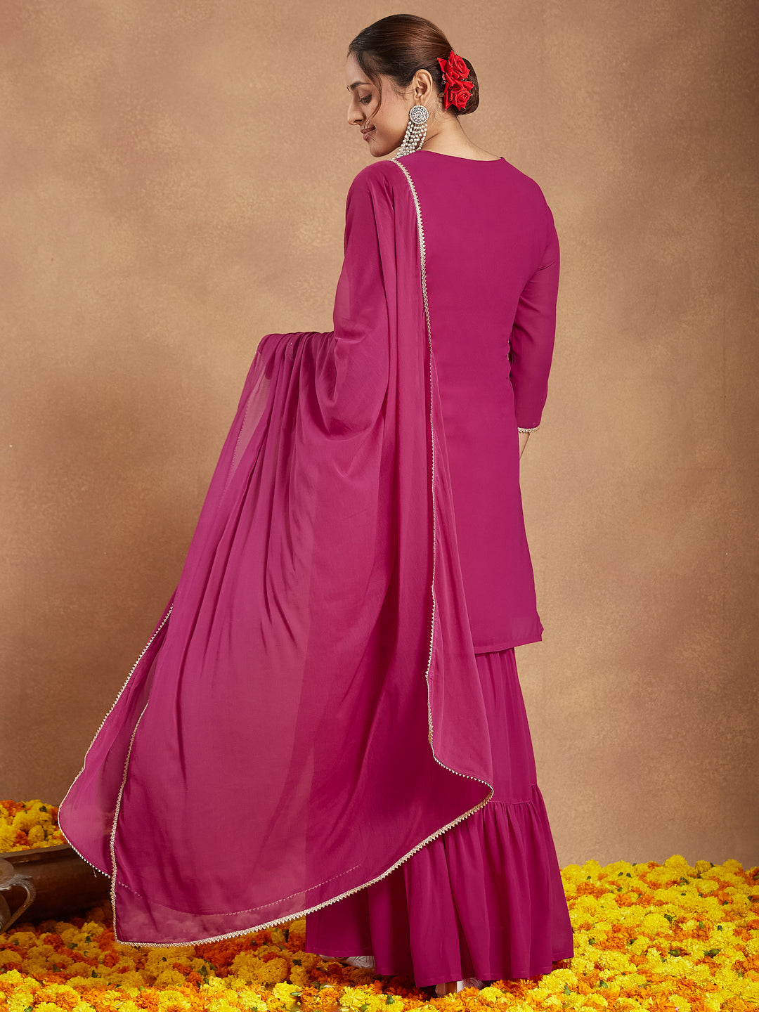 Women's Pink Georgette Embroidered Straight Kurta With Sharara & Dupatta Set