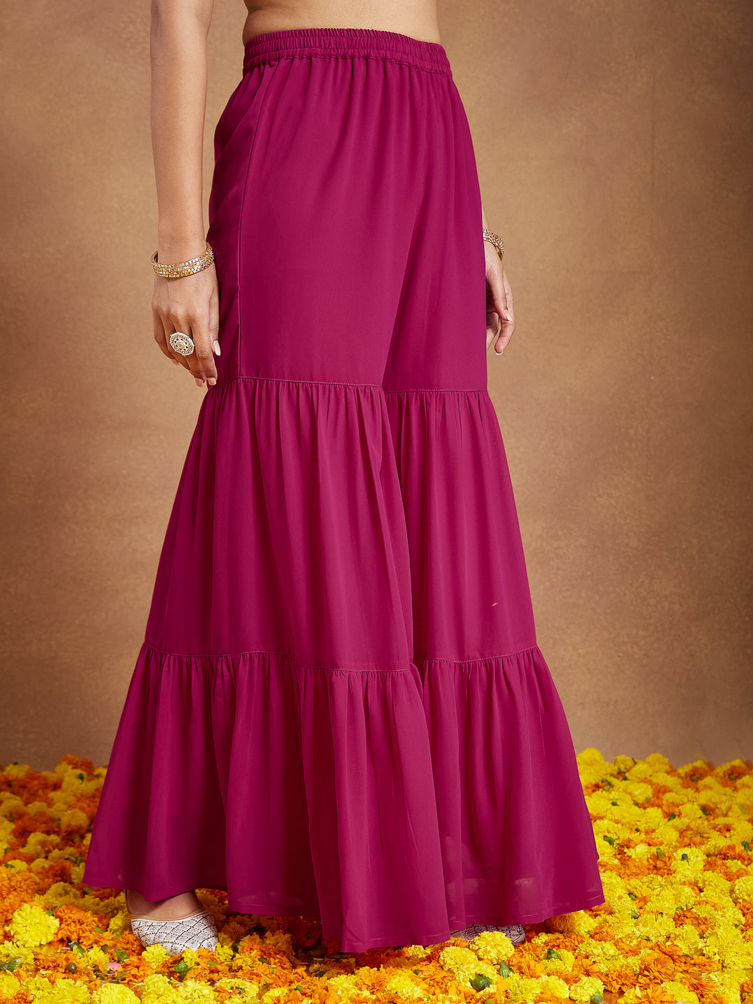 Women's Pink Georgette Embroidered Straight Kurta With Sharara & Dupatta Set